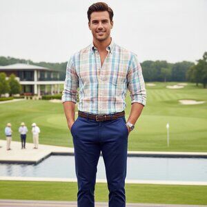 Brooks Brothers  Mens Plaid Irish Linen Button Up Shirt XL Blue Pink Preppy